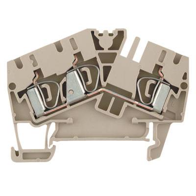 Graue elektrische Anschlussklemme mit Metallklemmen und Kunststoffgehäuse, Teil eines elektrischen Verbindungssystems.