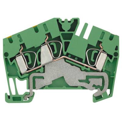 Grüne, zweistöckige DIN-Schienenklemme mit Metallverbindern.