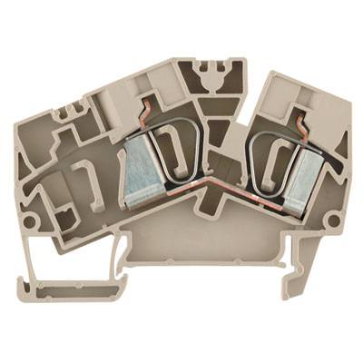 Querschnitt eines beigen Reihenklemmers mit Metallkontakten, die elektrische Verbindungen ermöglichen.