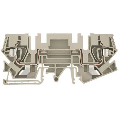 Ein Querschnitt eines elektrischen Federklemmenblocks, der den inneren Aufbau mit Metallverbindungen und Kunststoffgehäuse zeigt.