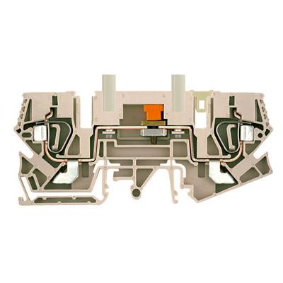 Querschnitt einer beige Kunststoffklemme mit sichtbaren Metallverbindungen und zwei Schraubanschlüssen oben.