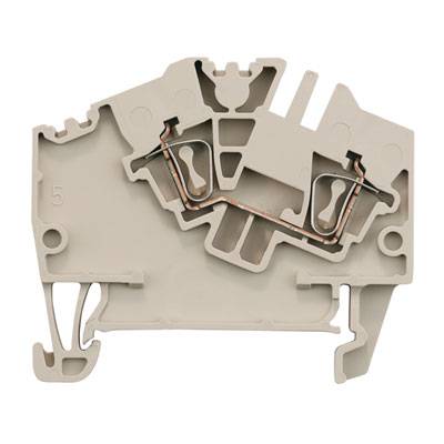 Ein hellgrauer elektrischer Klemmblock, Seitenansicht. Interne Metallverbindungen sichtbar. Verwenden zur Kabelbefestigung und -verteilung.