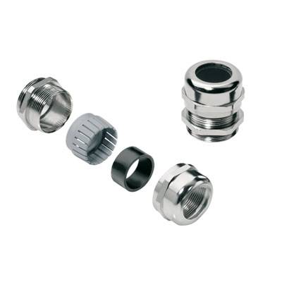 Einzelteile eines Kabelverschraubungssystems aus Metall und Kunststoff, bestehend aus Verschraubung, Dichtung und Gegenmutter.
