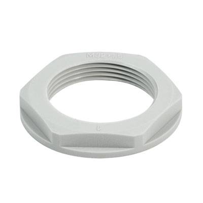 Kunststoff-Sechskantmutter in Grau, mit Innengewinde. Used for securing or fastening components.