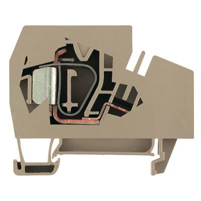 Querschnitt eines beige-grauen elektrischen Reihenklemmengehäuses. Sichtbare Metallverbindungen und Anschlussbereiche.