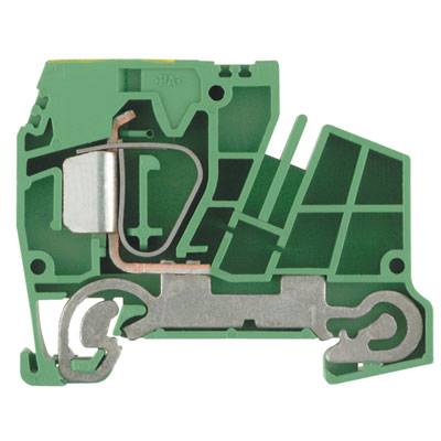 Ein grüner Stecker mit metallischen Verbindungen und Kunststoffgehäuse. Zeigt einen Schnitt durch das Innenleben eines elektrischen Anschlusses.