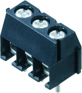 Eine schwarze, dreipolige Schraubklemme für elektrische Verbindungen mit drei Metallanschlüssen und Schrauben zur Drahtbefestigung.