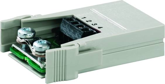 Ein rechteckiges, graues Anschlussmodul mit sichtbaren Schraubklemmen und mit den Zahlen '1 2 3 4' beschriftet.