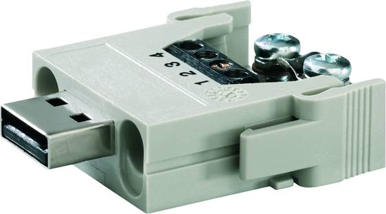 USB-Stecker mit Schraubklemmen für elektrische Verbindungen, geeignet für einfache Verkabelung oder Reparaturen ohne Lötarbeiten.