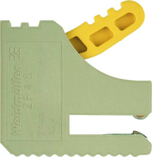 Klemmenblock von Weidmüller, Modell ZF 4 S, 2,5 mm², 400 V, mit gelbem Hebel, verwendet in elektrischen Installationen.
