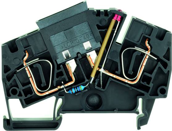 Ein schwarzer elektrischer Schaltkontakt mit sichtbaren Metallverbindungen und einem Widerstand in der Mitte, zeigt Komponenten.