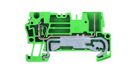 Abbildung eines grünen elektrischen Klemmenblocks im Querschnitt, zeigt interne Metallkomponenten zur Verdrahtung in Schalttafeln.
