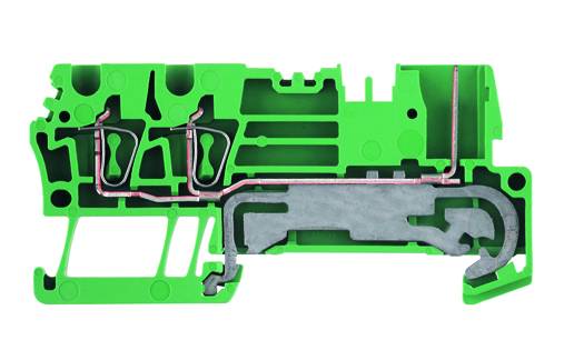 Grüner elektrischer Anschlussblock mit sichtbaren Metallverbindungen im Inneren, zeigt interne Verdrahtung und Struktur.