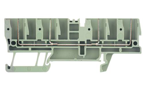 Querschnitt einer elektrischen Klemme mit mehreren Anschlussmöglichkeiten und integrierten Leiterverbindungen.