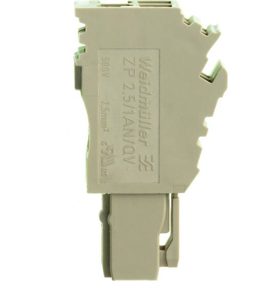 'Weidmüller ZP 2.5/1AN/QV' graues elektrisches Modul mit technischer Spezifikation. Geeignet für 500V und 2,5mm².