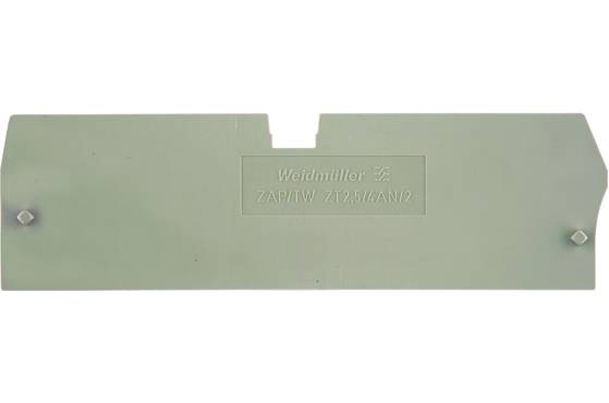 Graue Kunststoffabdeckung mit der Aufschrift 'Weidmüller ZAP/TW ZAP/TW 2.5/4/AN/D', befestigt mit zwei Schrauben an den Enden.