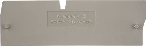 Graue Klemmenabdeckung mit der Aufschrift 'Weidmüller ZAP/TW ZT2.5/AN/A1/4', verwendet für elektrische Anschlüsse.