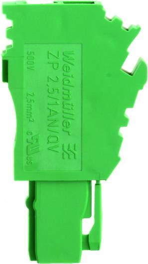 Grüner Weidmüller Klemmenblock 'ZP 2.5/1AN/QV', geeignet für 500V und 2,5mm² Kabelquerschnitt.