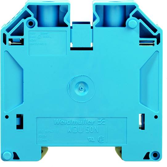 Blauer Weidmüller Reihenklemmenblock, Modell WDU 50N, mit technischer Information und Zertifizierungen auf der Vorderseite.