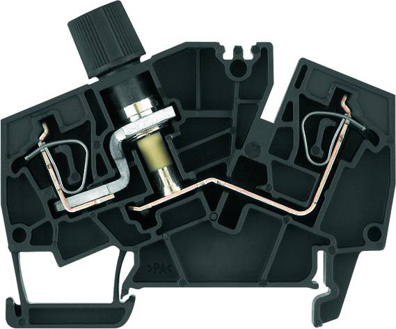 Querschnitt eines elektrischen Verbindungsklemmensystems mit sichtbar internem Metallkontakt, schwarzem Kunststoffgehäuse und Kupferleitungen.