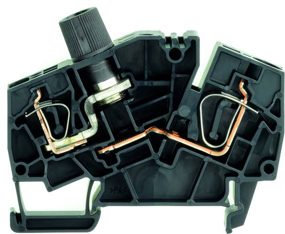 Ein Querschnitt eines elektrischen Klemmenblocks mit sichtbaren Metallkontakten und Kunststoffgehäuse, zeigt interne Verbindungen.