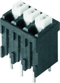 Dreifacher Steckverbinder mit Metallstiften an der Unterseite, geeignet zur Verbindung von Leiterplatten oder anderen elektronischen Komponenten.