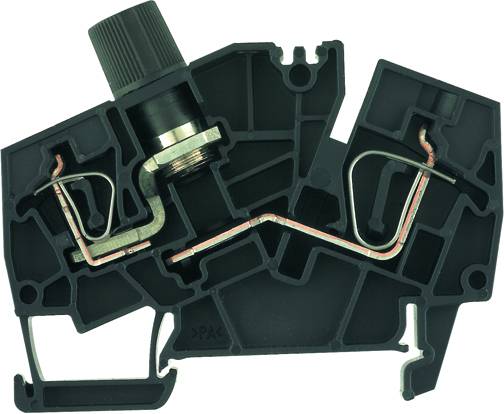 Querschnitt eines elektrischen Anschlussklemmengehäuses mit sichtbaren Metallverbindungen und einer Schraubklemme oben links.