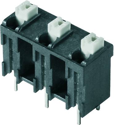 Ein dreipoliger Steckverbinder in schwarzem Gehäuse mit drei weißen Kupplungen. Ideal für elektronische Verkabelung und Verbindungen.