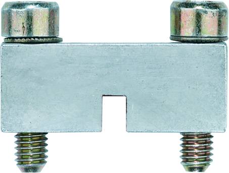 Metallblock mit zwei Schrauben, die vertikal angebracht sind. Oben sind zwei Muttern zu sehen.