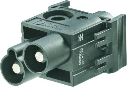 Schwarzer, rechteckiger elektrischer Stecker mit zwei kreisförmigen Kontakten und einer Befestigungsmöglichkeit an der Seite.