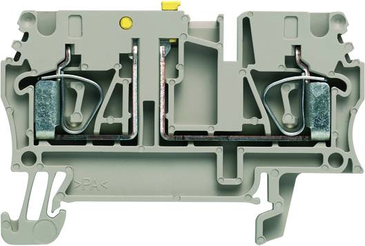 Ein grauer, technischer Steckverbinder mit zwei metallischen Klemmen und Details, die industrielle Nutzung implizieren.