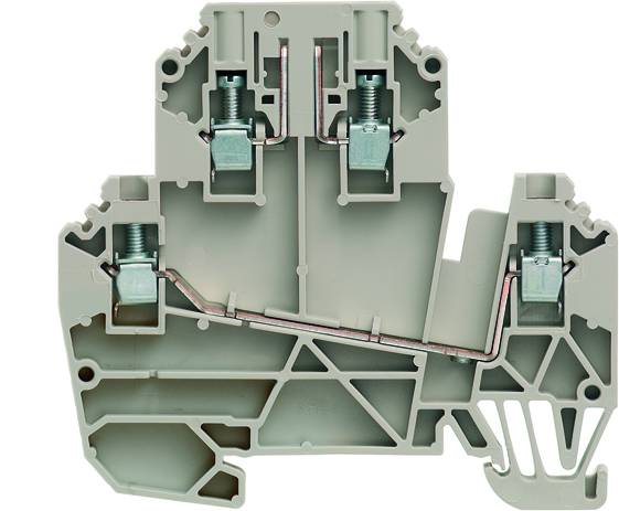 Graue elektrische Reihenklemme mit montierten Schraubverbindungen und Drahtführung, verwendet für den sicheren Anschluss von Drähten in Schaltschränken.