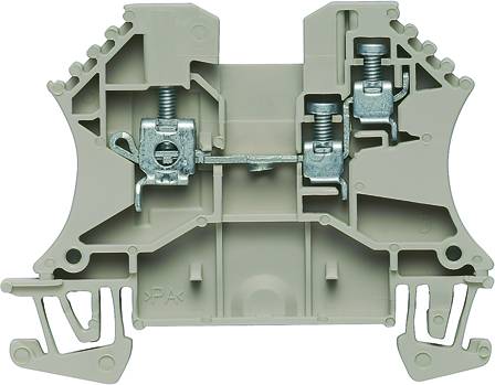 Eine graue elektrische Reihenklemme mit zwei Schraubverbindungen für den Anschluss von Drähten, geeignet zur Montage auf Hutschienen.