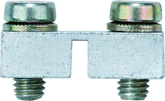 Metallverbindungen mit zwei Schrauben und einer zentralen Aussparung, möglicherweise ein elektrisches oder mechanisches Bauteil.