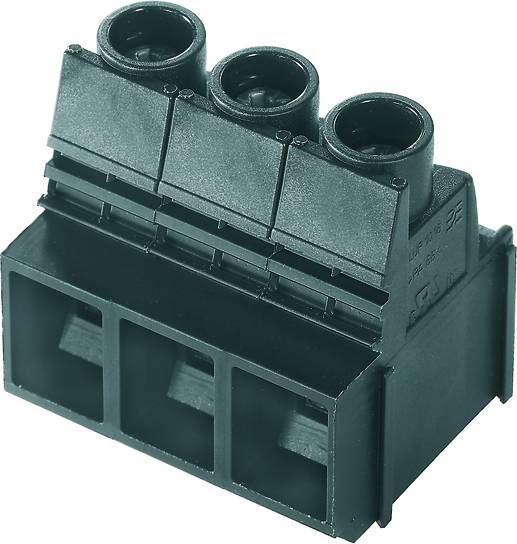 Schwarzer Elektrosteckerblock mit drei Anschlüssen und drei Steckplätzen, verwendet für elektrische Verbindungen.