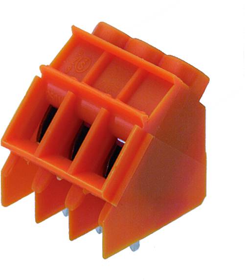 Eine orange farbene, dreipolige Steckklemme mit Hebelmechanismus, verwendet zur Verbindung von elektrischen Drähten auf Platinen.