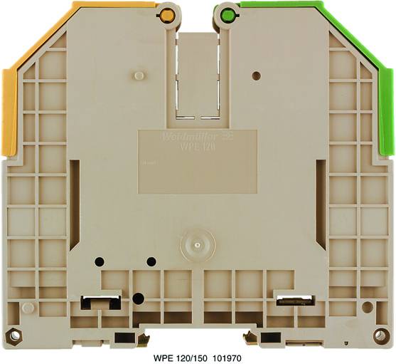 Abgebildet ist eine beige Klemmenblockabdeckung mit gelben und grünen Ecken, Modellnummer 'WPE 120/150 101970'.