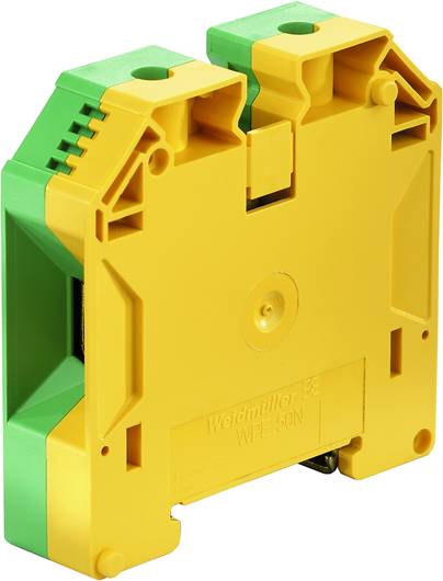 Gelb-grüner elektrischer Verbinder von Weidmüller, Modell WPE 16N, mit Einsteckanschlüssen und strukturiertem Gehäuse für sichere Befestigung.