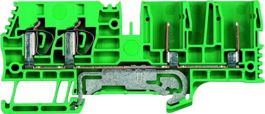 Grüne, mehrpolige Reihenklemme aus Kunststoff mit metallischen Kontakten und Schraubbefestigungen, verwendet in elektrischen Schaltungen.