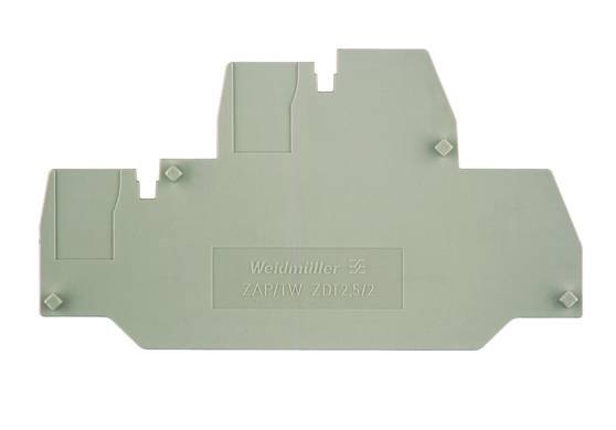 Grüne Endabdeckung für elektrische Klemmen, markiert mit 'Weidmüller ZAP/TW ZD12/S2', verwendet zur mechanischen Trennung von Anschlüssen.