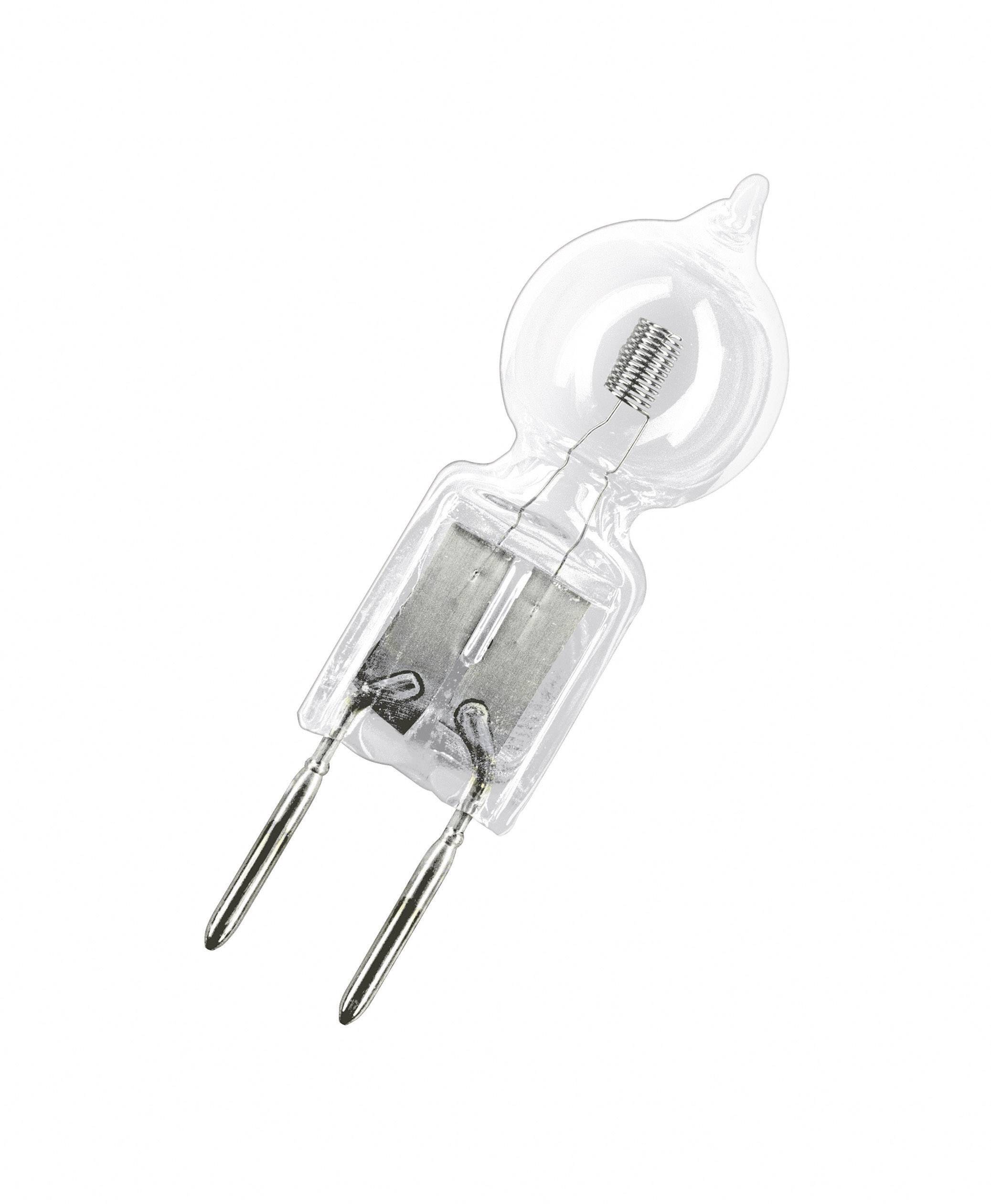 Eine Halogenlampe mit zwei Stiften, die eine klare, glatte Glashülle umgibt.