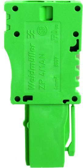 Grüner Weidmüller ZP 4/1AN Verbindungsclip, seitliche Ansicht. Kompatibel mit Elektronikkomponenten, Sicherheitsverriegelung sichtbar.