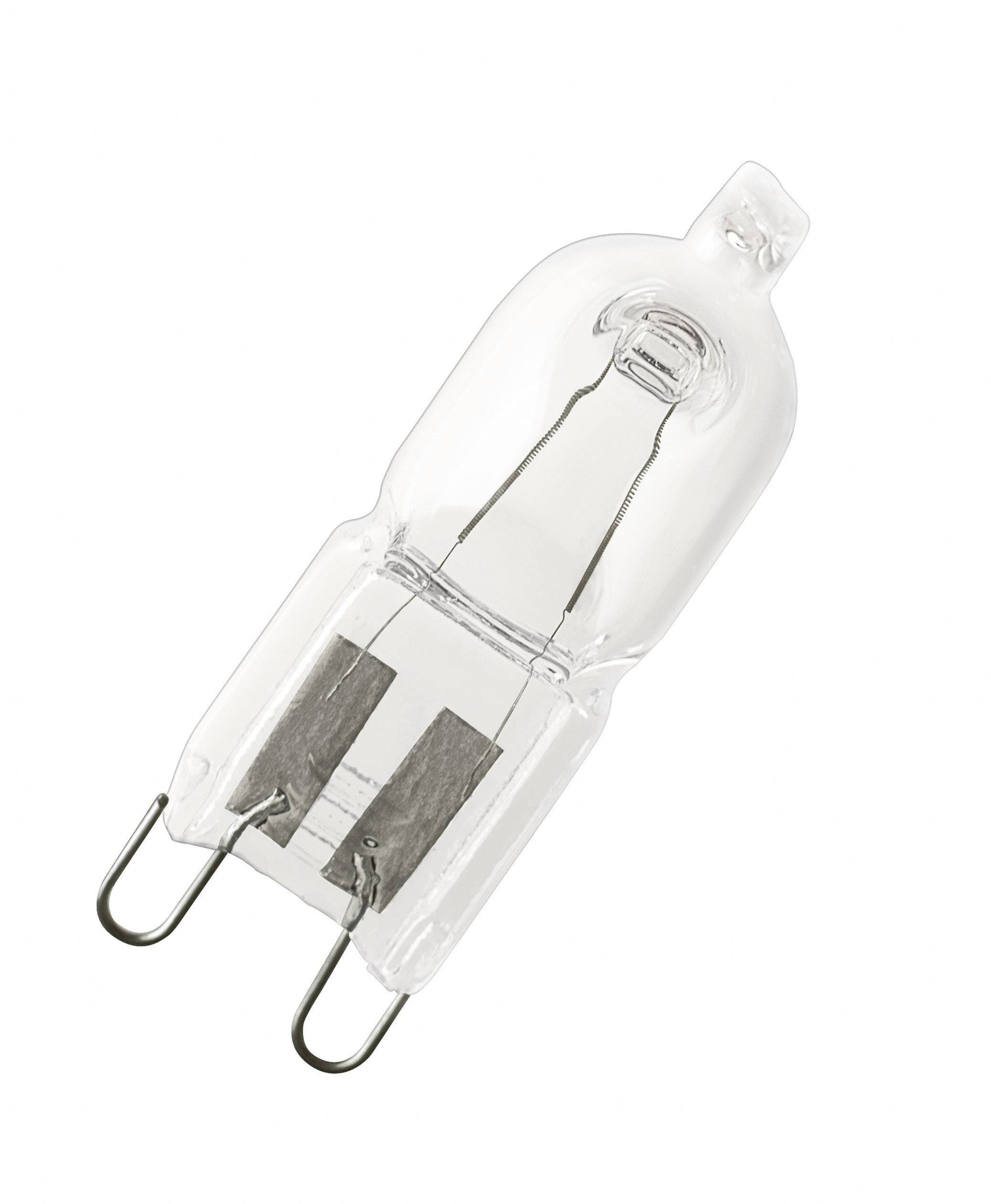 Eine durchsichtige Halogenlampe mit zwei Metallstiften an der Unterseite, die für elektrische Anschlüsse verwendet werden.