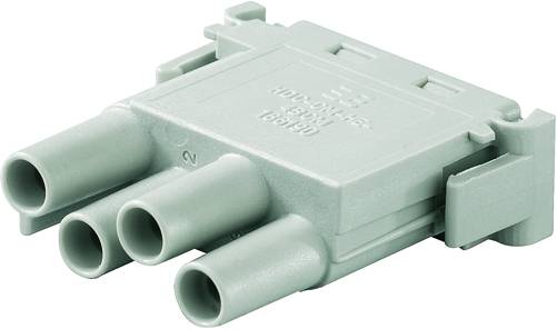 Ein grauer Kunststoffstecker mit vier zylindrischen Steckverbindern und einer rechteckigen Basis.