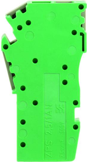 Grüner, rechteckiger Kunststoffstecker mit mehreren Löchern und der Aufschrift 'ZPS 2.5/1AN 2.5 mm² 500V'.