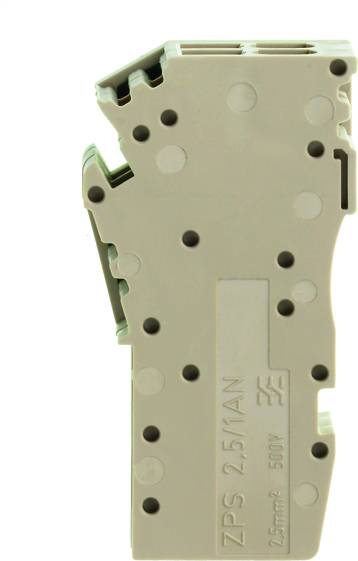 Ein graues elektrisches Bauteil, vermutlich ein Anschlussklemmenblock, mit der Aufschrift 'ZPS 2.5/1AN 2.5mm² 500V'.