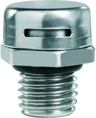 Schraube mit sechsseitigem Kopf und Rundkopfdeckel, silberfarbenes Metall, mit seitlichem Schlitz im oberen Teil.