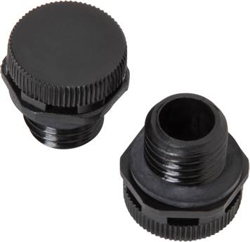 Zwei schwarze Schraubverschlüsse aus Kunststoff. Einer zeigt die Oberseite, der andere die Unterseite mit Gewinde. Sie dienen als Verschluss.