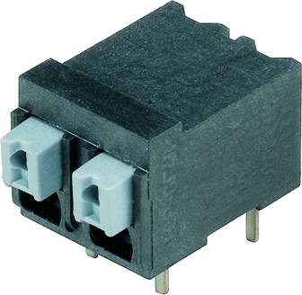 Ein schwarzer, rechteckiger elektronischer Steckverbinder mit zwei grauen Kabelanschlüssen und vier Metallstiften an seiner Unterseite.