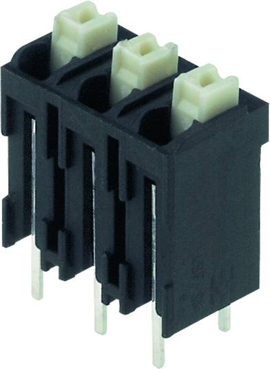 Ein elektronisches Bauteil mit drei weißen Steckplätzen und metallischen Anschlüssen am unteren Ende.